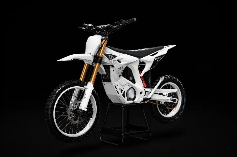 White Altis Delta S electric dirt bike studio view