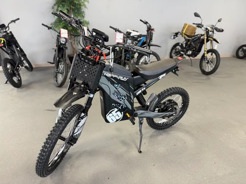 Black HappyRun G300 Pro electric dirt bike front three-quarter view at VoltRush USA