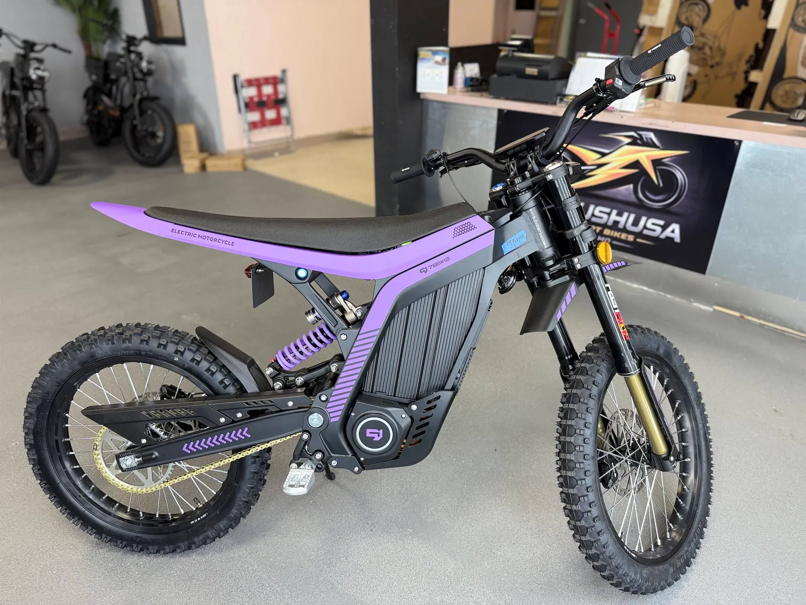 Purple 79Bike Lynx displayed inside the VoltRush USA showroom